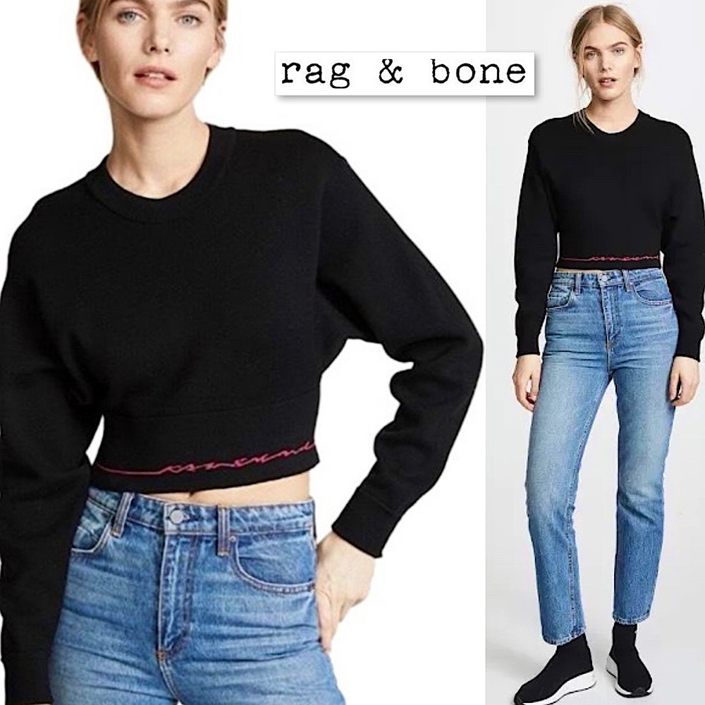 Rag & Bone / JEAN Sharon Knit Top Black Pink Cropped Crewneck Sweater Size XS - Picture 1 of 16